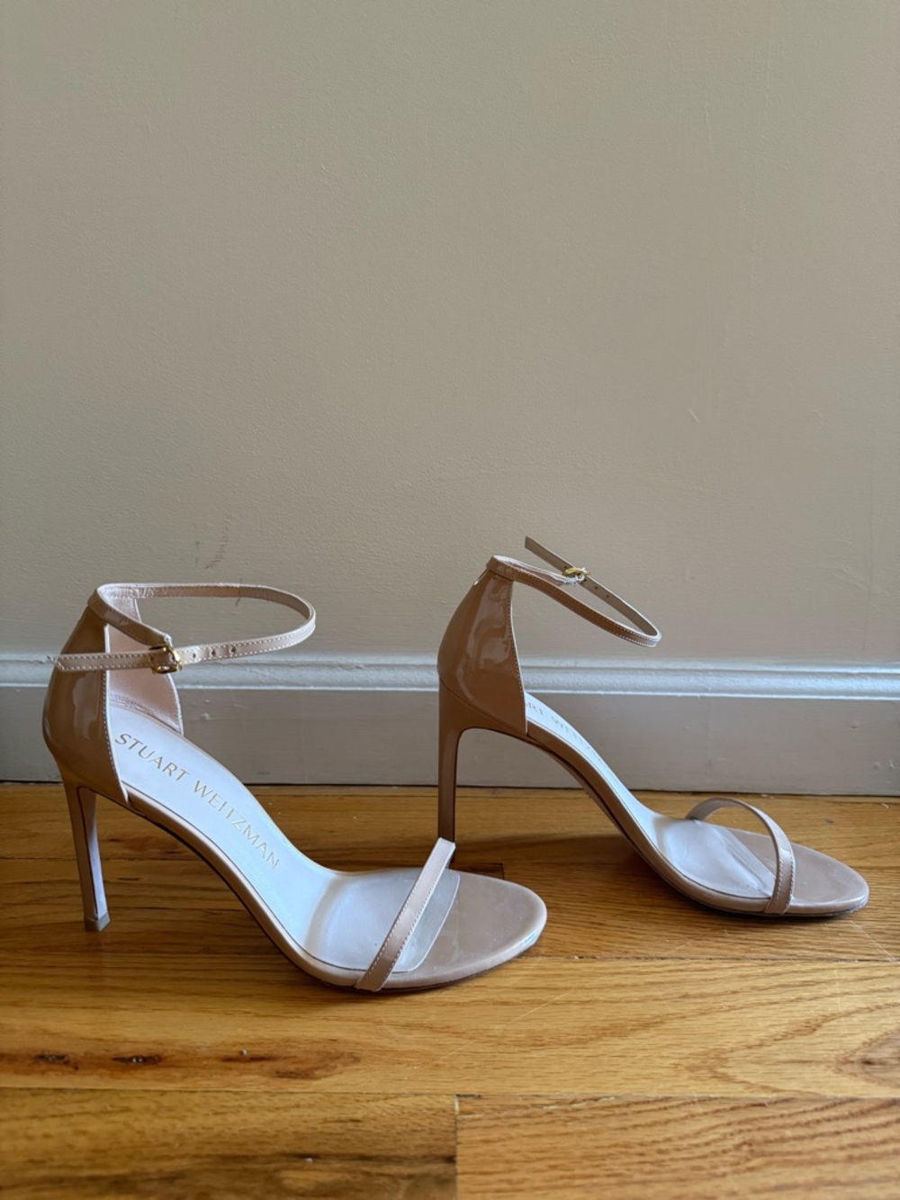 Stuart Weitzman Patent Nude Ankle-Strap Stilettos